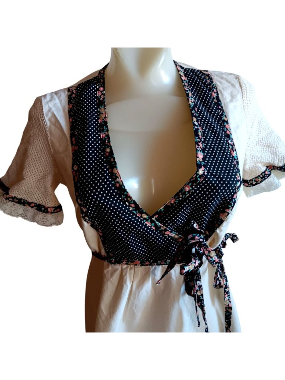 True Vintage Peasant Dress 70's Floral Polka Dot Wrap Lace Trim Mesh Sleeve 1OF1